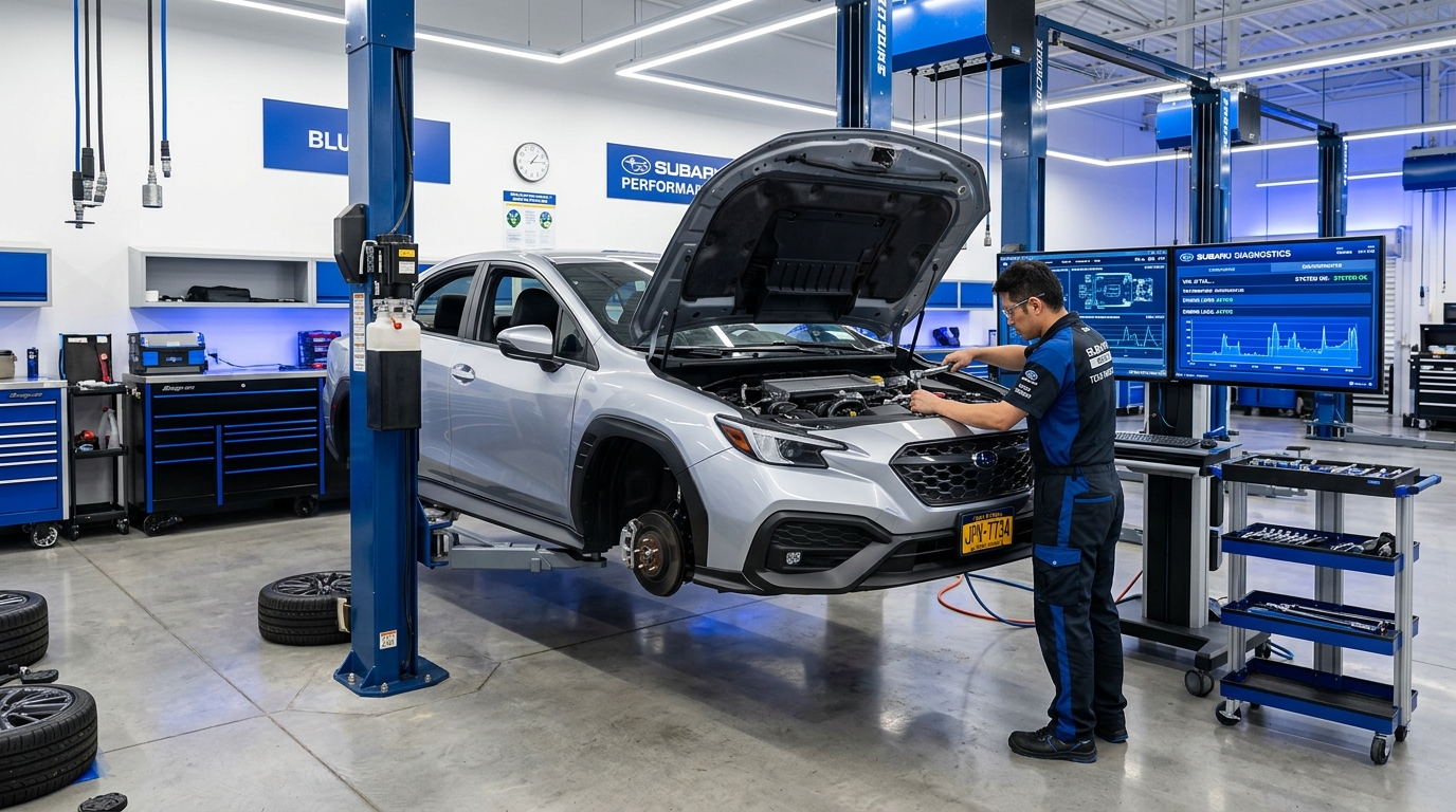 Japanese sedan on mechanical lift being serviced